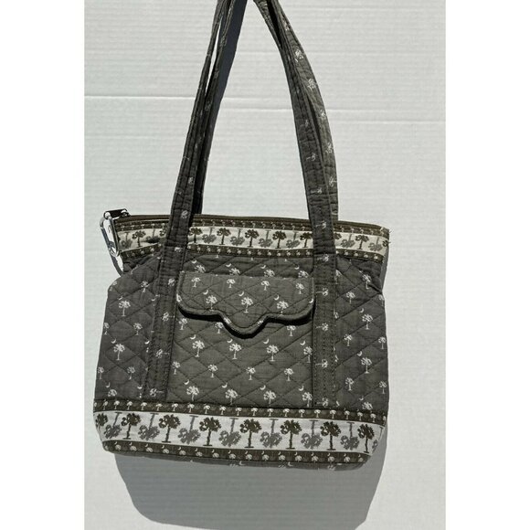 Quilted Shoulder Med Commuter Tote Handbag Neutral Gray White Palm Tree Print - Picture 1 of 7